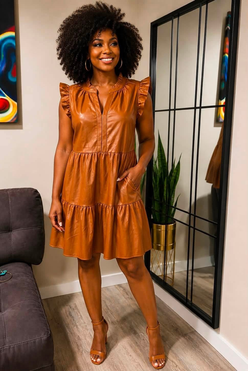 Skies are Blue Peanut Butter Faux Leather Babydoll Dress